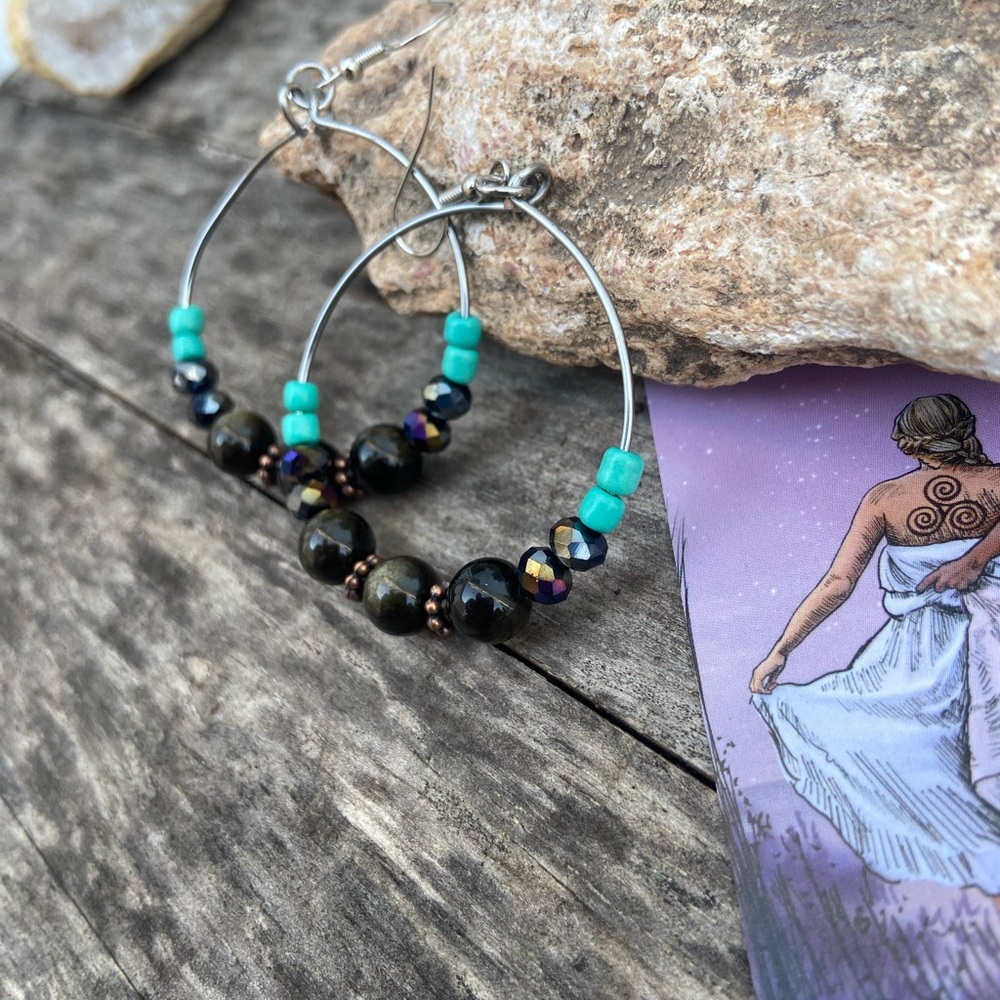 Wire Wrapped Gold Sheen Obsidian Gemstone Hoop Earrings - Picture 7 of 14
